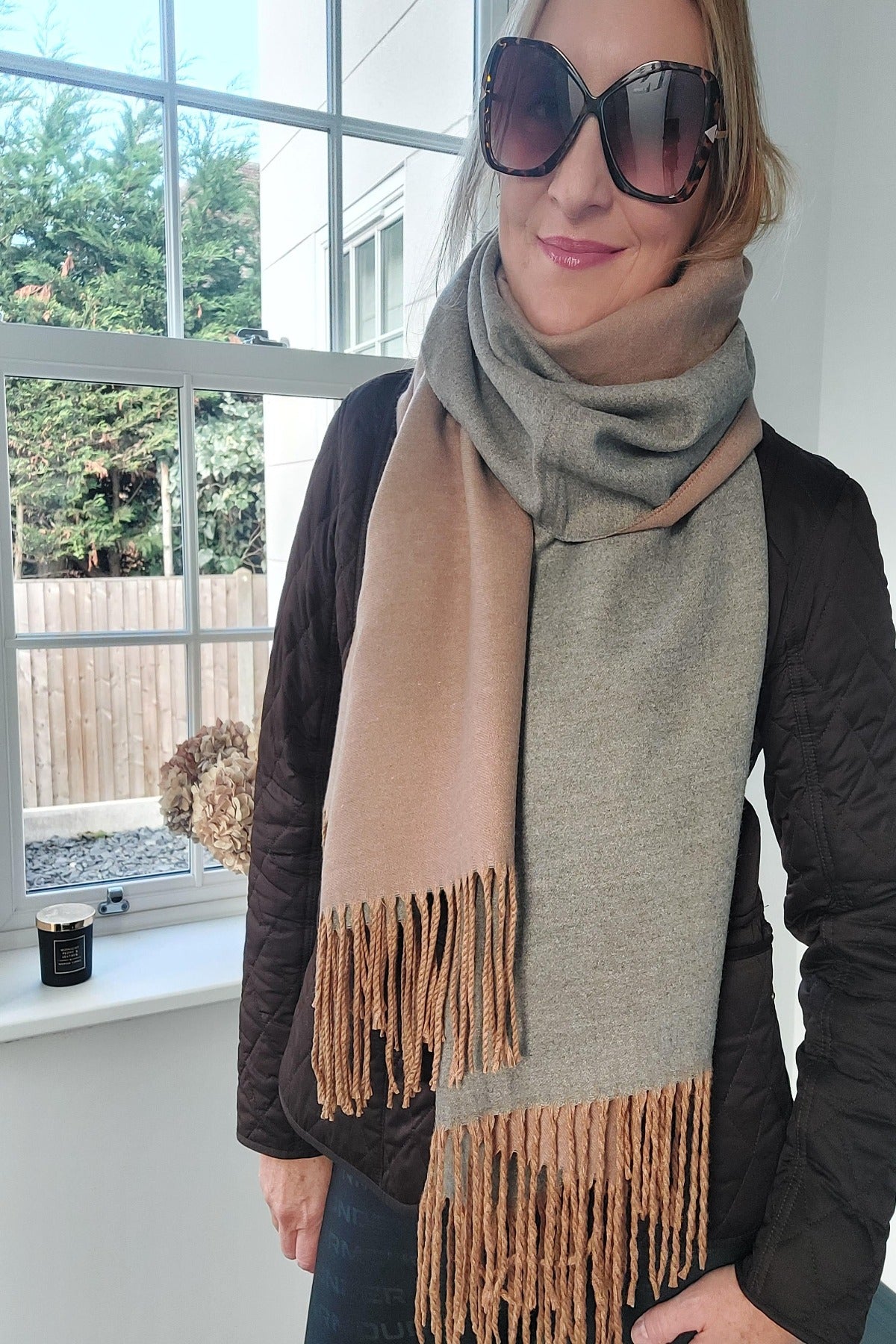 Warm Reversible Plain Tassel Blanket Scarf In Mocha