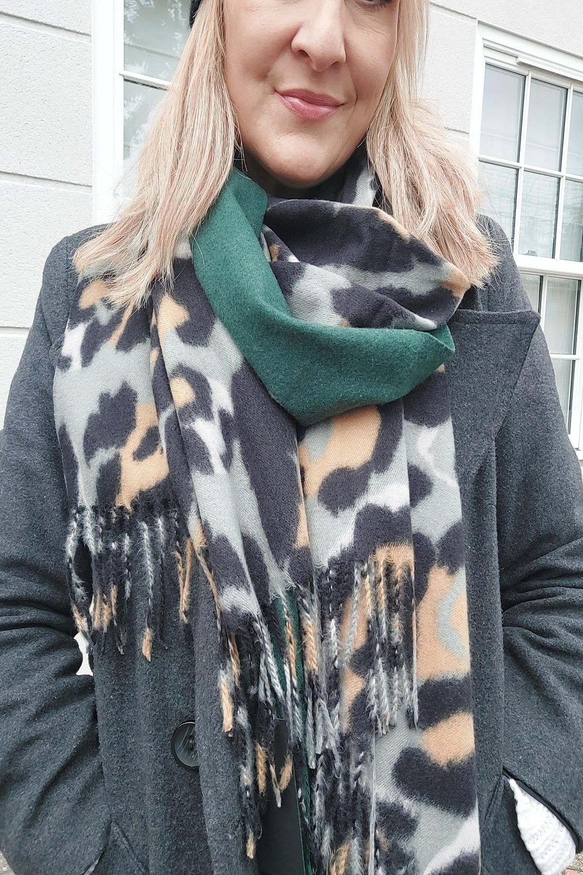 Plain and Leopard Print Soft Wool Tassel Scarf In Green