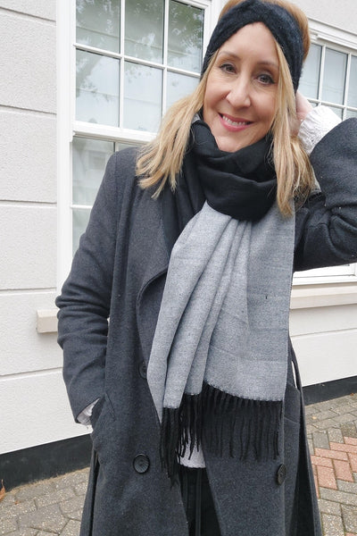 Warm Reversible Plain Tassel Blanket Scarf In Black/Grey