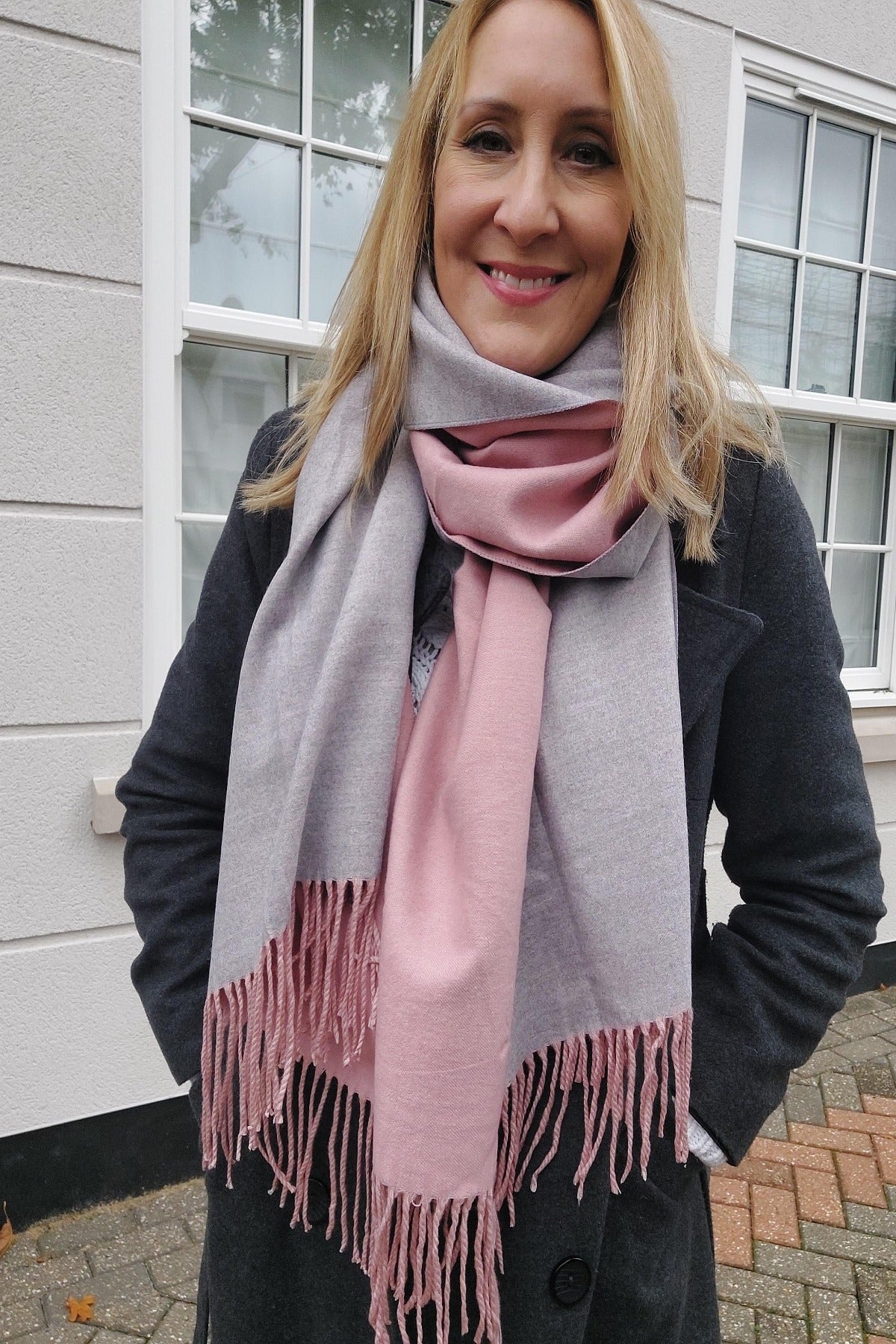 Warm Reversible Plain Tassel Blanket Scarf In Pink/Grey