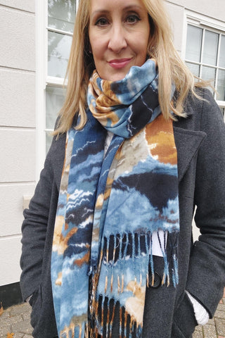 Soft Warm Blanket Scarf In Blue Abstract Camouflage