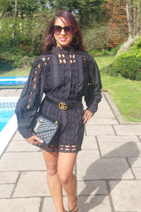 Crochet Button Up Blouse And Shorts Set In Black