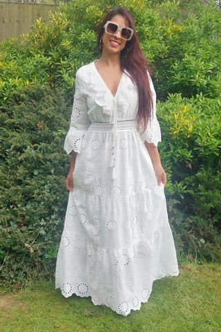 Broderie Anglaise V Neck Maxi Dress