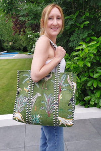 Reversible Quilted Cotton Jungle Print Tote/Beach Bag In Green