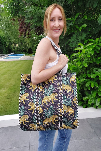 Reversible Quilted Cotton Leopard Print Tote/Beach Bag In Black