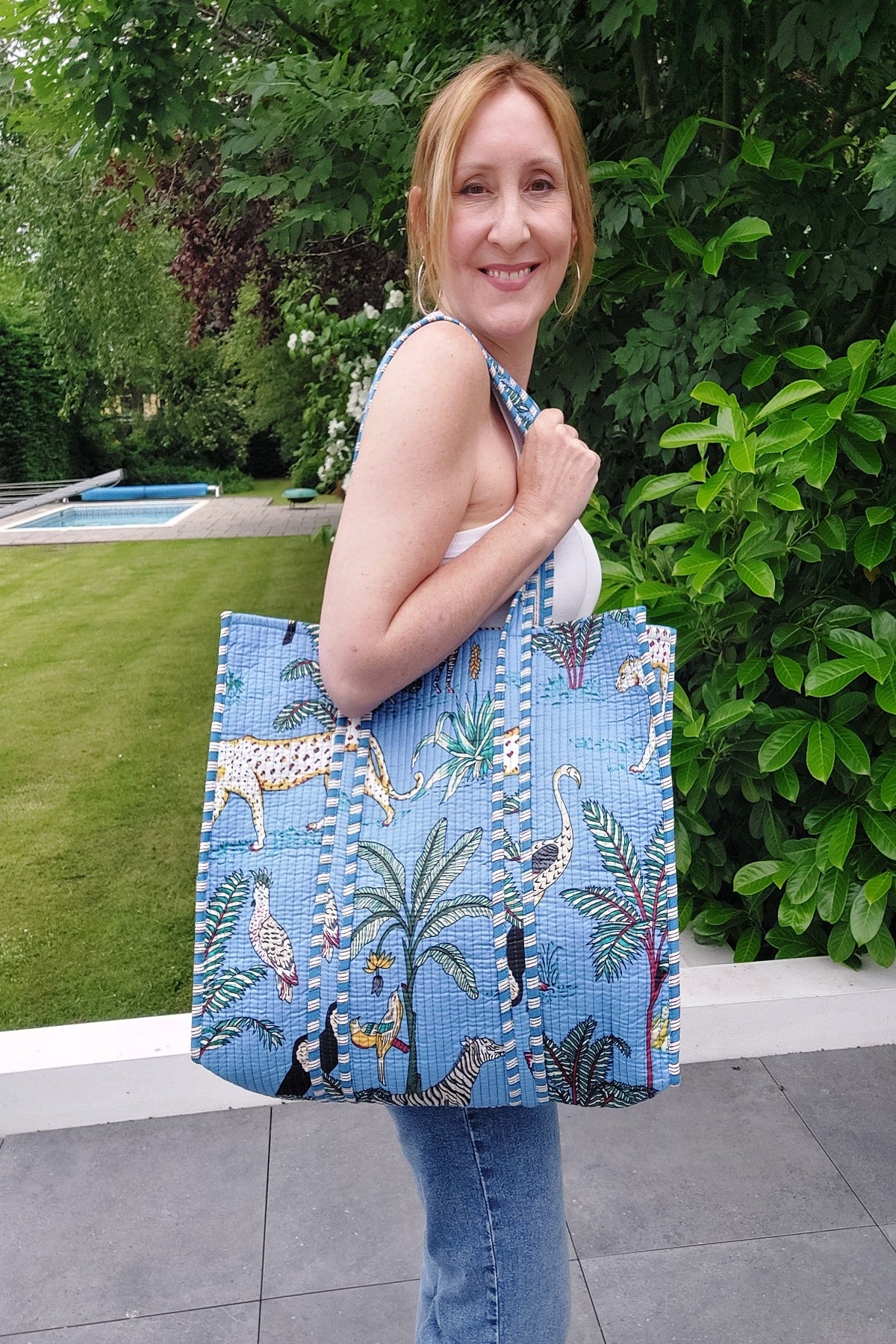 Reversible Quilted Cotton Jungle Print Tote/Beach Bag In Blue