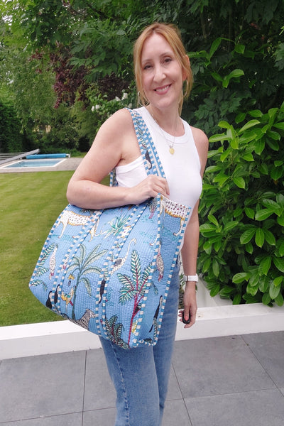 Reversible Quilted Cotton Jungle Print Tote/Beach Bag In Blue