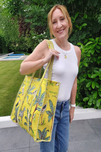 Reversible Quilted Cotton Jungle Print Tote/Beach Bag In Yellow