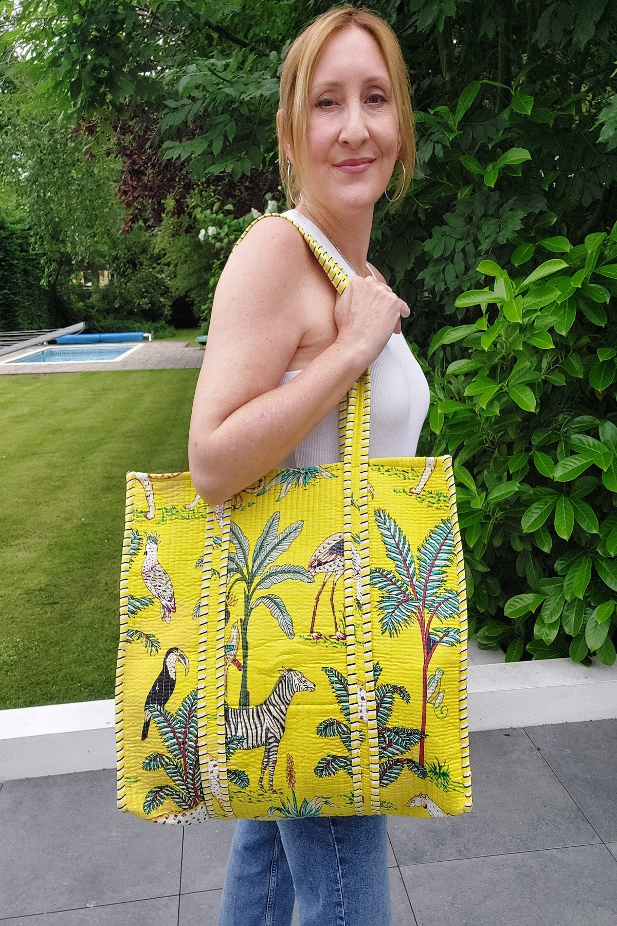 Reversible Quilted Cotton Jungle Print Tote/Beach Bag In Yellow