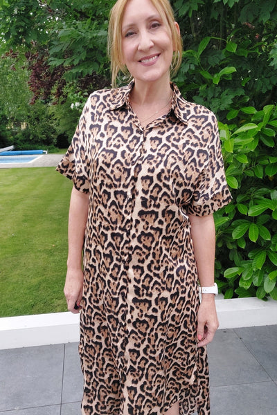 Leopard Print Short Sleeved Shirt Dress