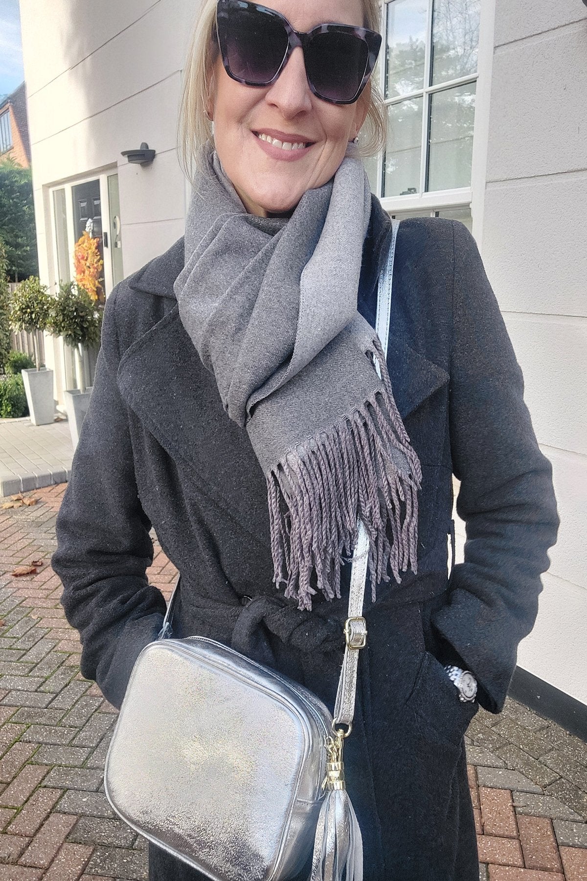 Warm Reversible Plain Tassel Blanket Scarf In Heather Grey