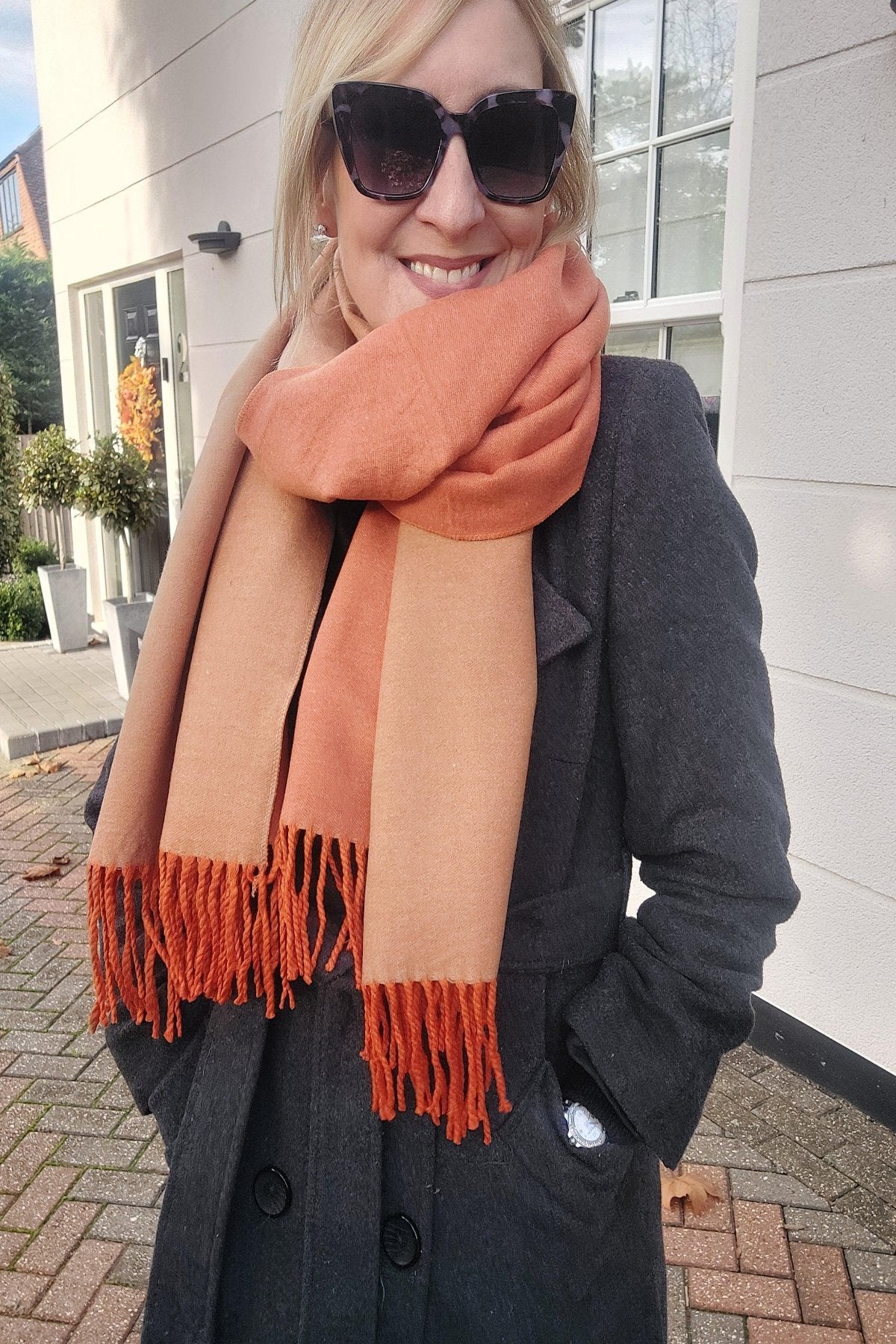 Warm Reversible Plain Tassel Blanket Scarf In Orange