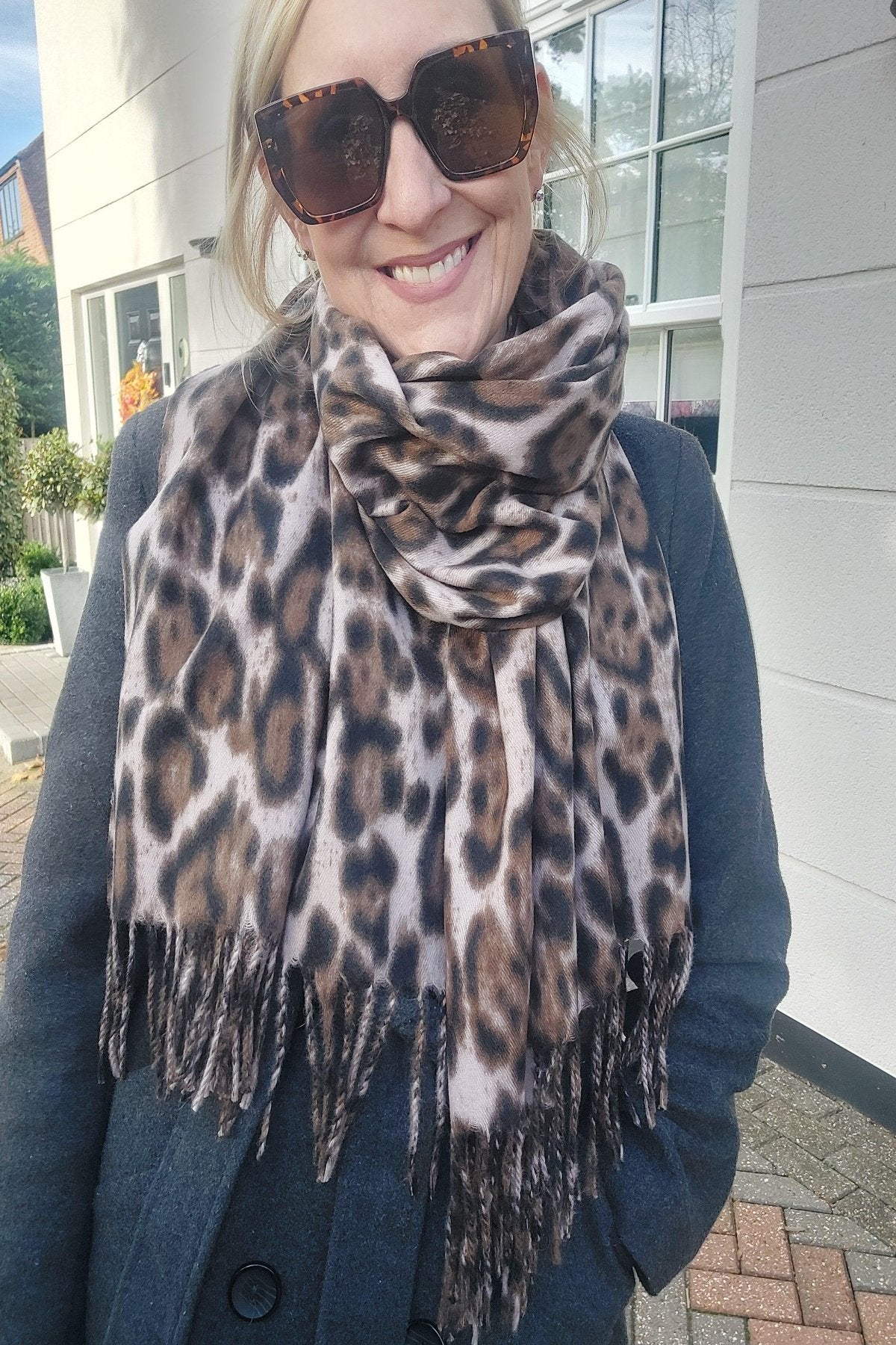 Luxury Warm Leopard Wool Mix Scarf with Tassels In Beige