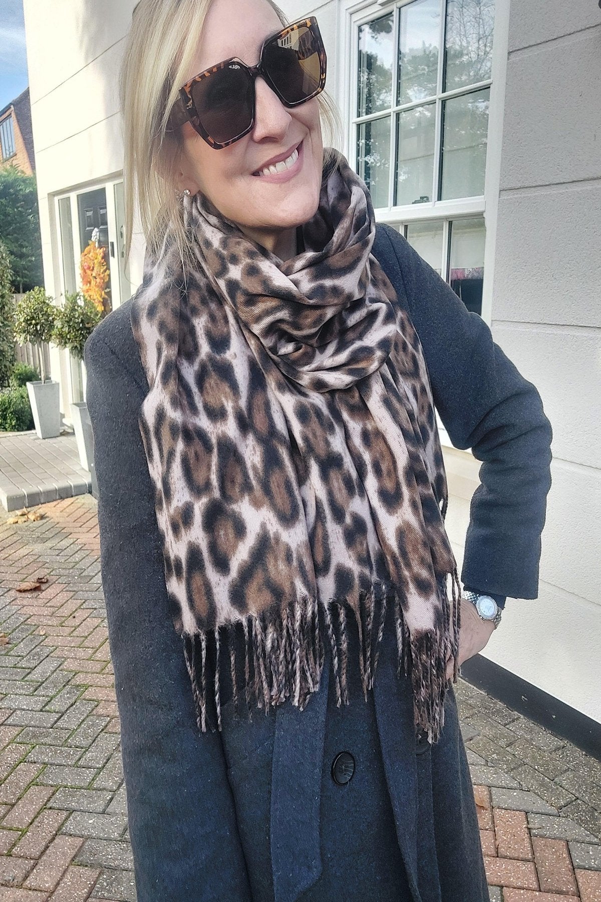 Luxury Warm Leopard Wool Mix Scarf with Tassels In Beige