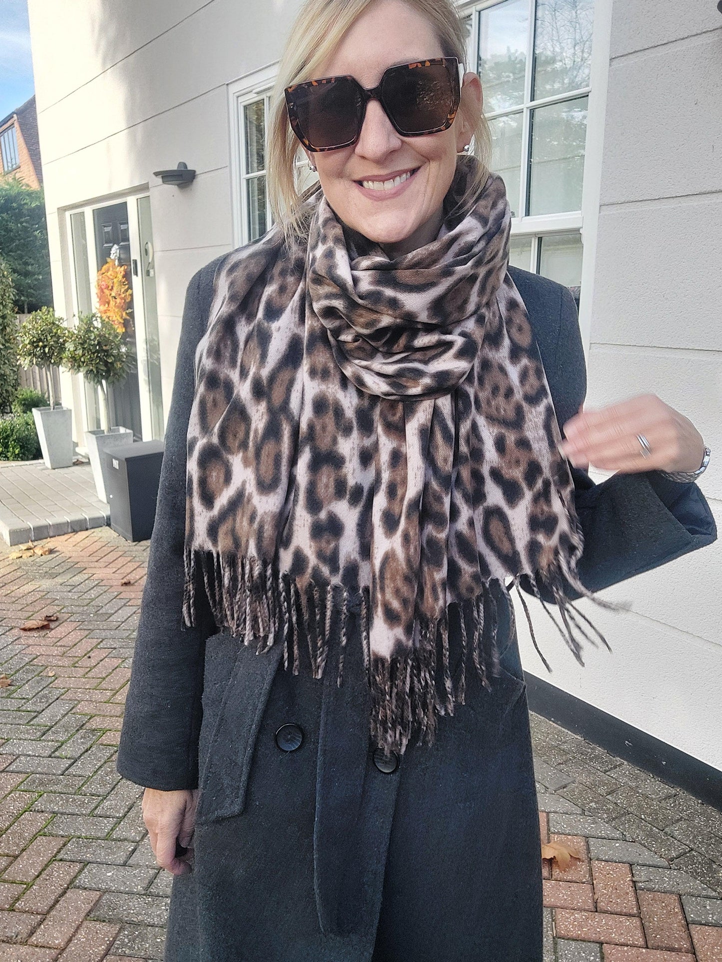 Luxury Warm Leopard Wool Mix Scarf with Tassels In Beige