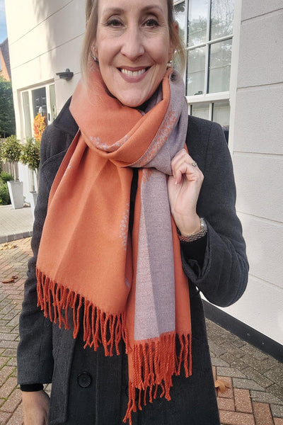 Tree Print Reversible Soft Blanket Scarf In Orange/Grey