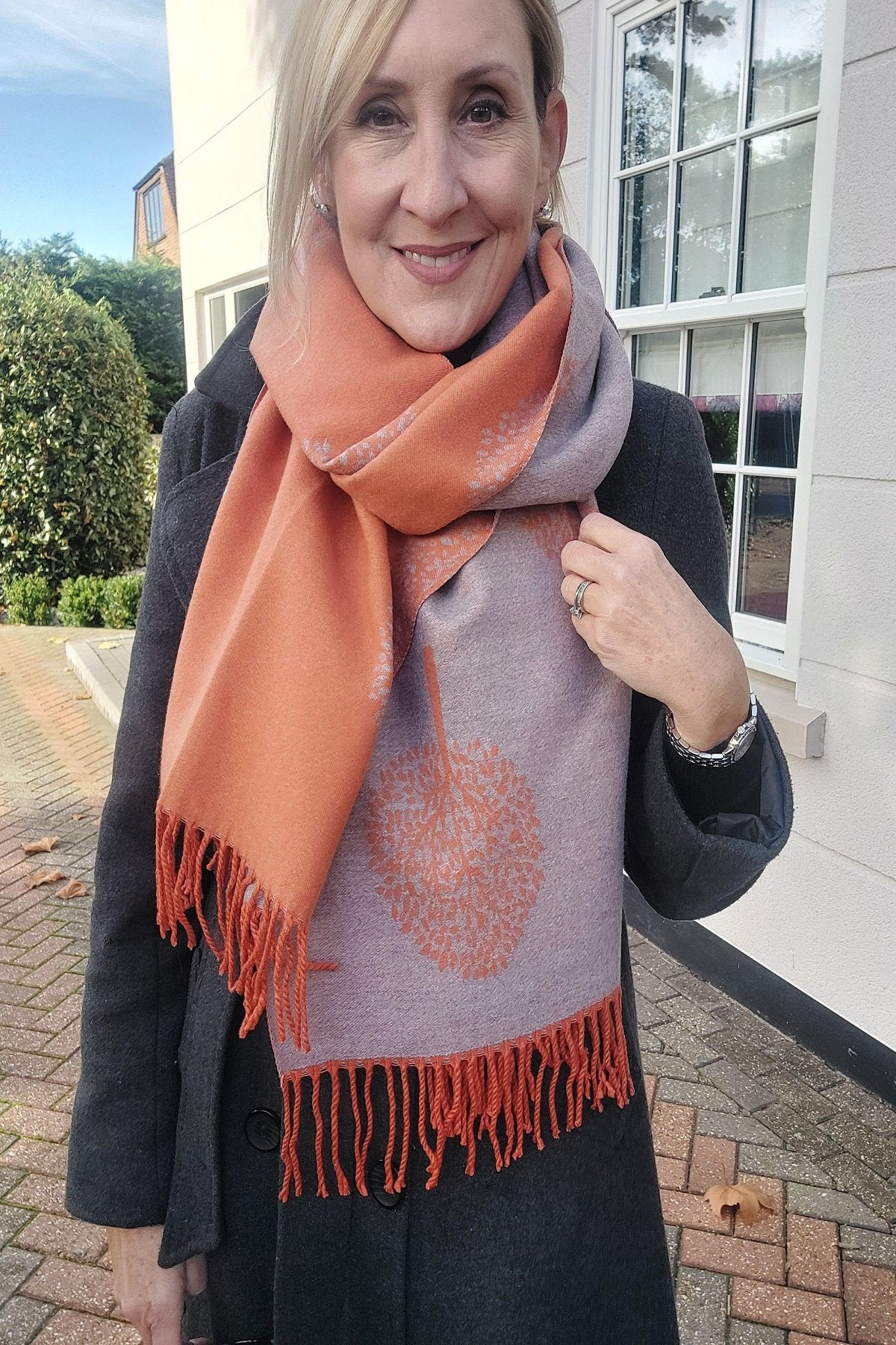 Tree Print Reversible Soft Blanket Scarf In Orange/Grey