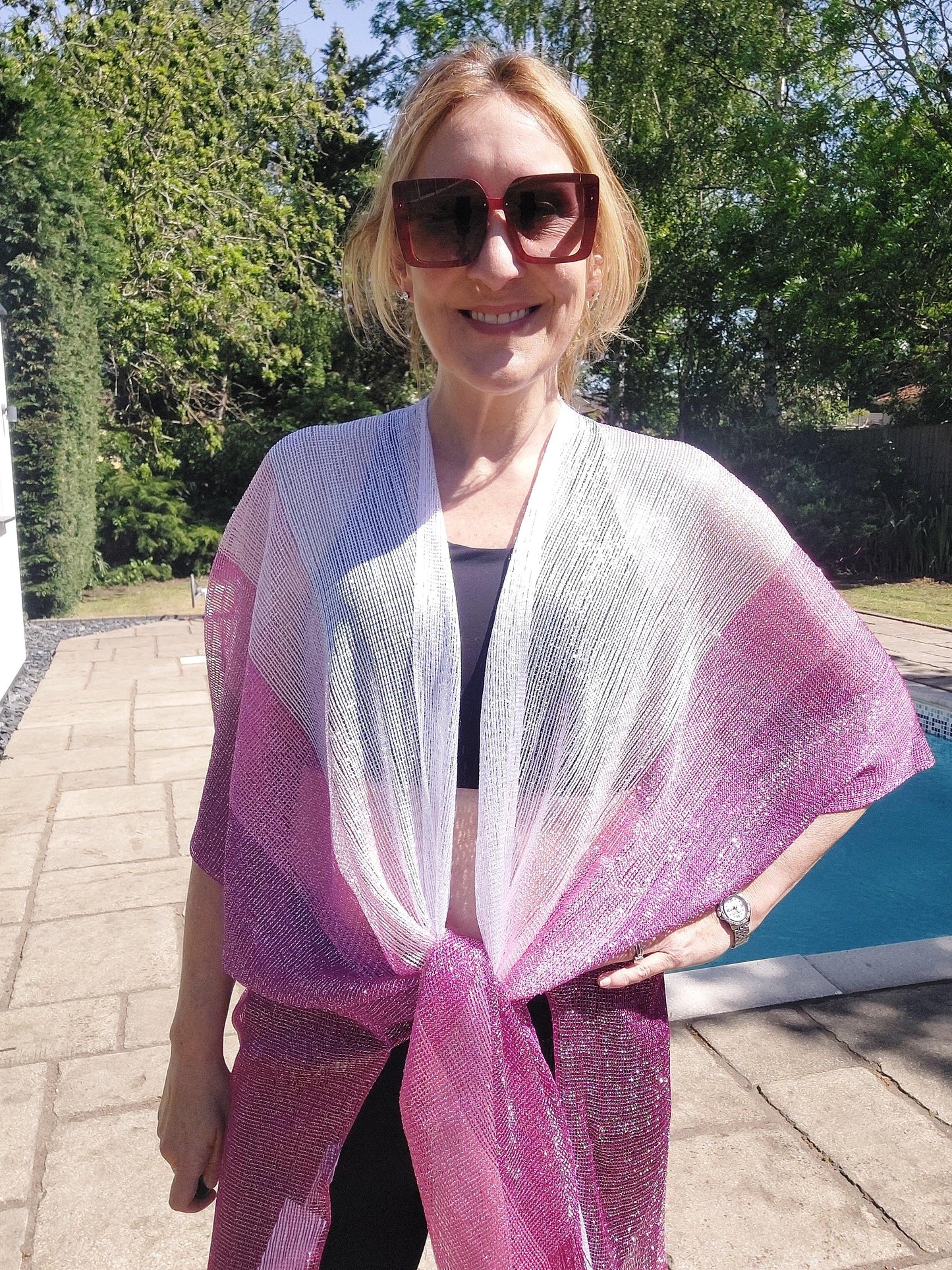 Shimmering Metallic Tassel Kimono/Cover Up In Pink