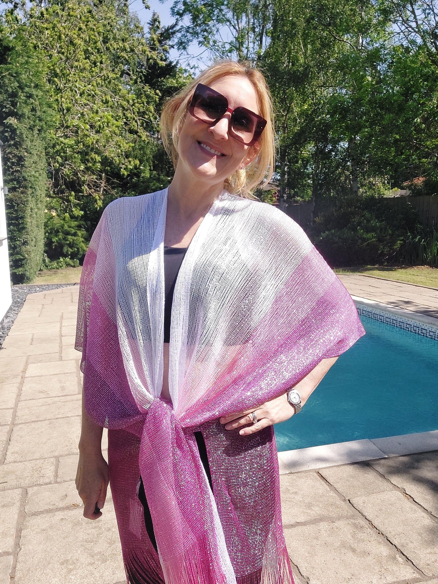 Shimmering Metallic Tassel Kimono/Cover Up In Pink