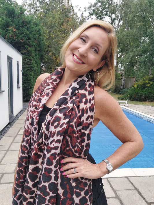Leopard Print Scarf - Brown/Burgundy