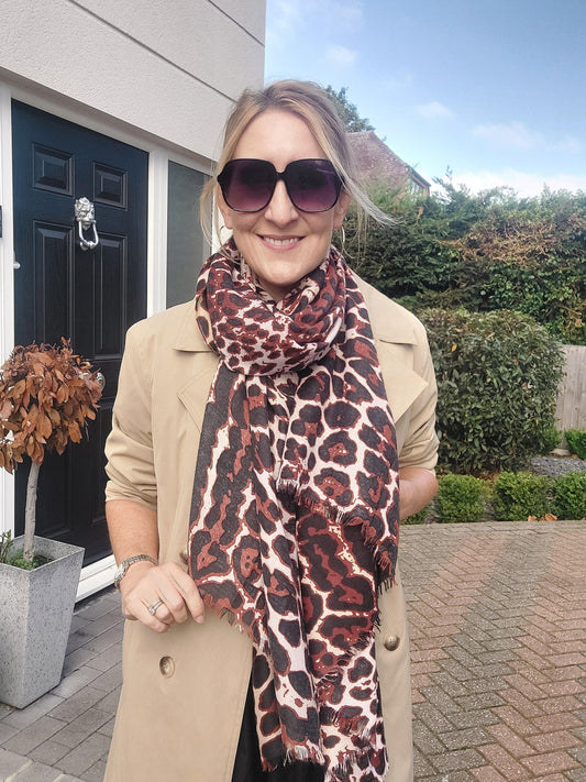Leopard Print Scarf In Brown/Burgundy
