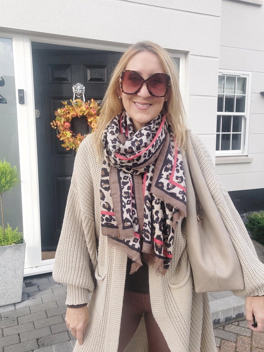 Leopard Print Scarf In Brown/Red Stripe