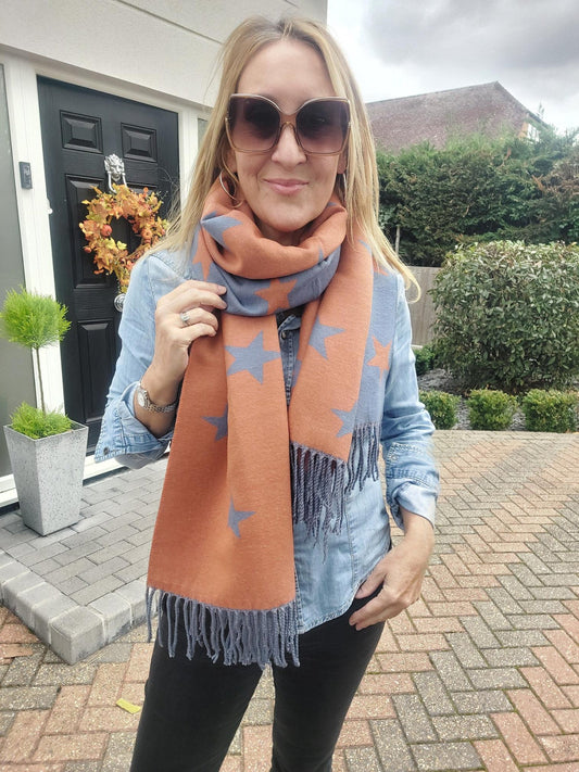Star Pattern Reversible Winter Cashmere Wrap Tassel Scarf In Blue/Orange