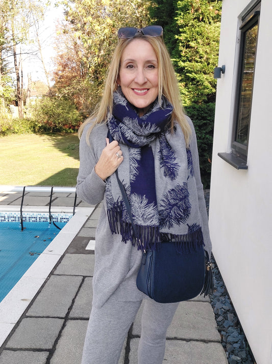 Feather Pattern Reversible Winter Cashmere Wrap Tassel Scarf In Navy Blue