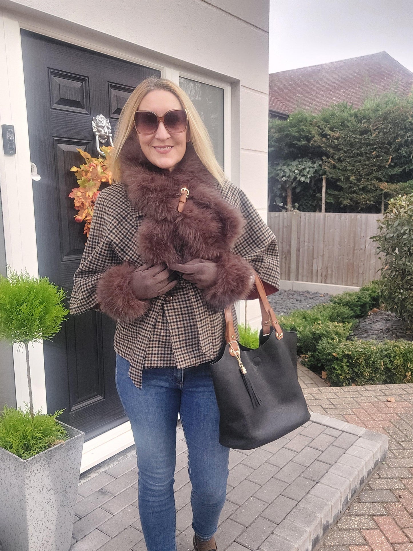 Faux Fur Buckle Scarf & Touchscreen Gloves Gift Set In Brown
