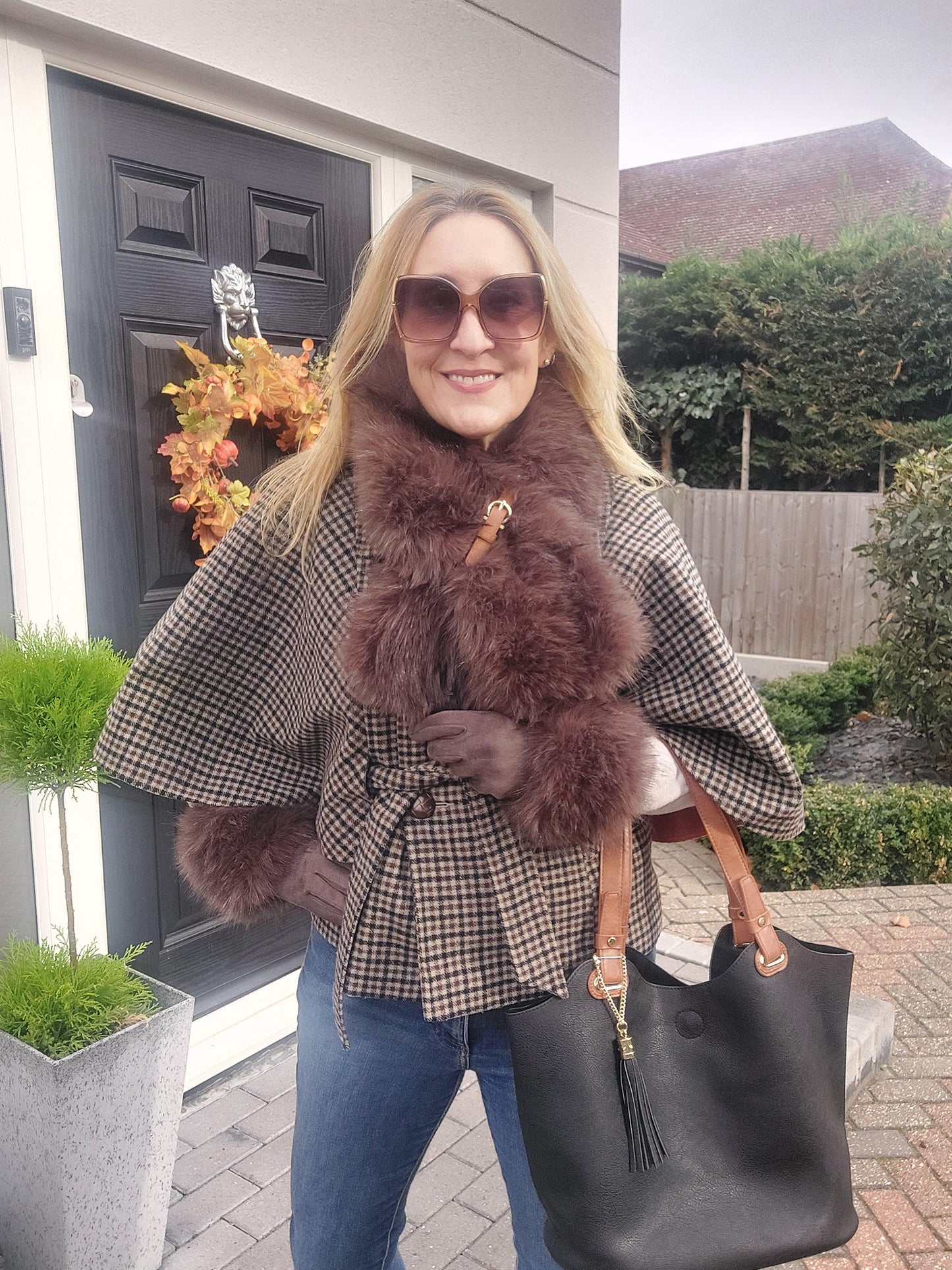 Faux Fur Buckle Scarf & Touchscreen Gloves Gift Set In Brown