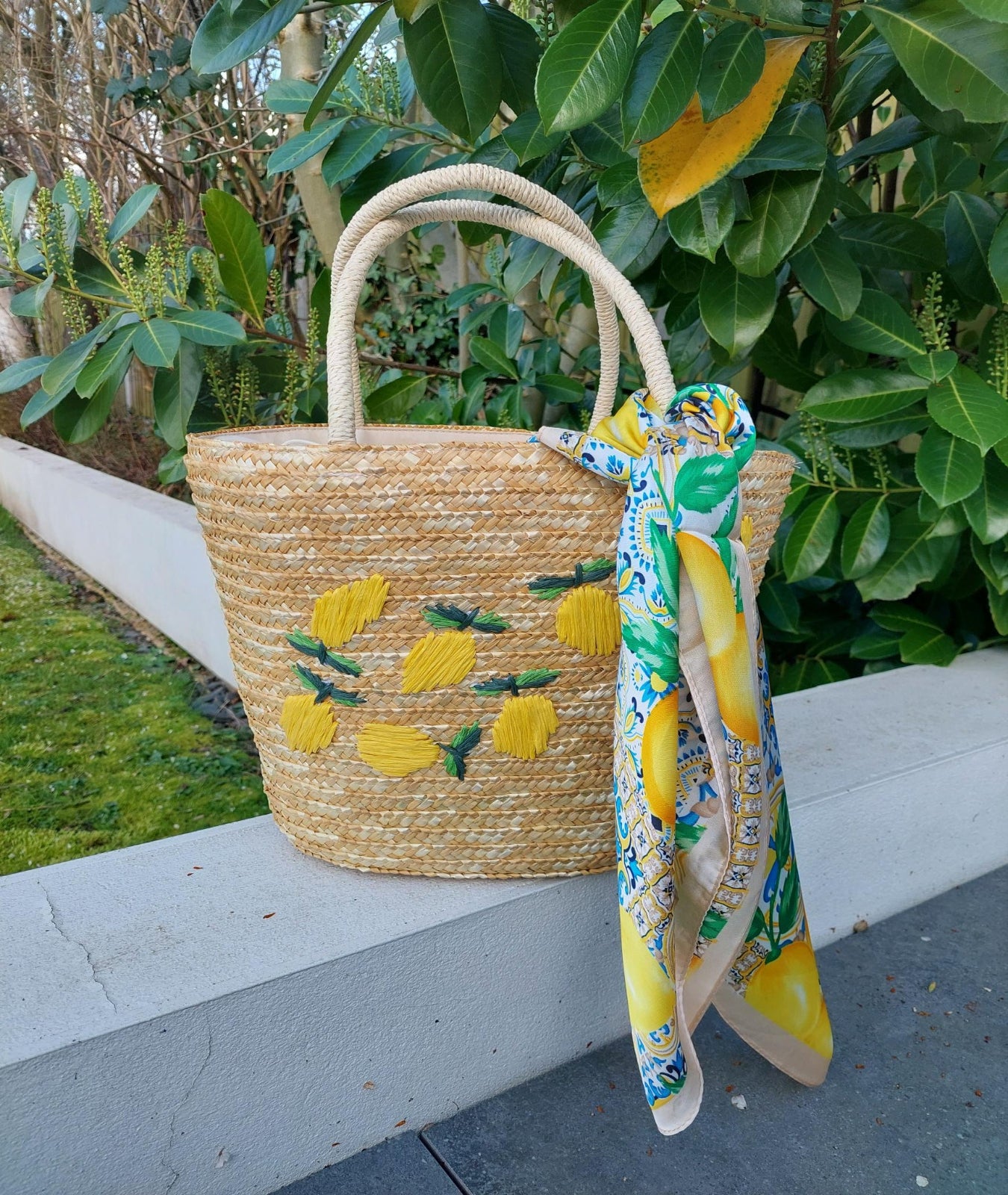 NEW ✨ Zesty Lemon Embroidered Straw Lined Basket Bag - Filli London