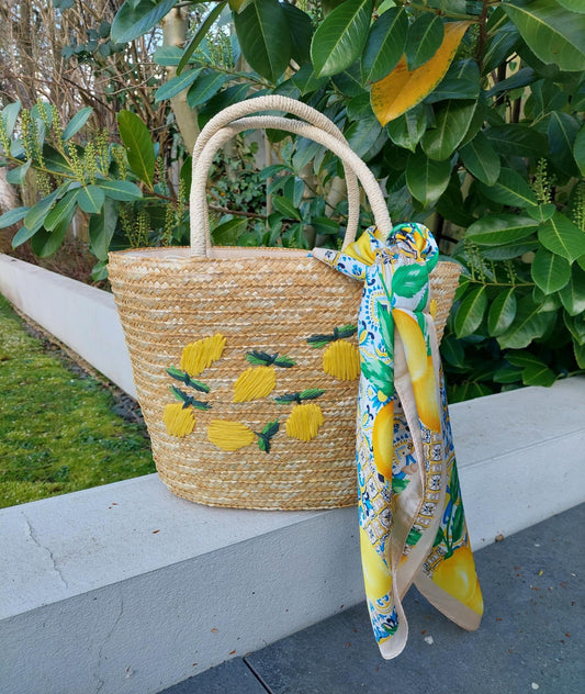 NEW ✨ Zesty Lemon Embroidered Straw Lined Basket Bag - Filli London