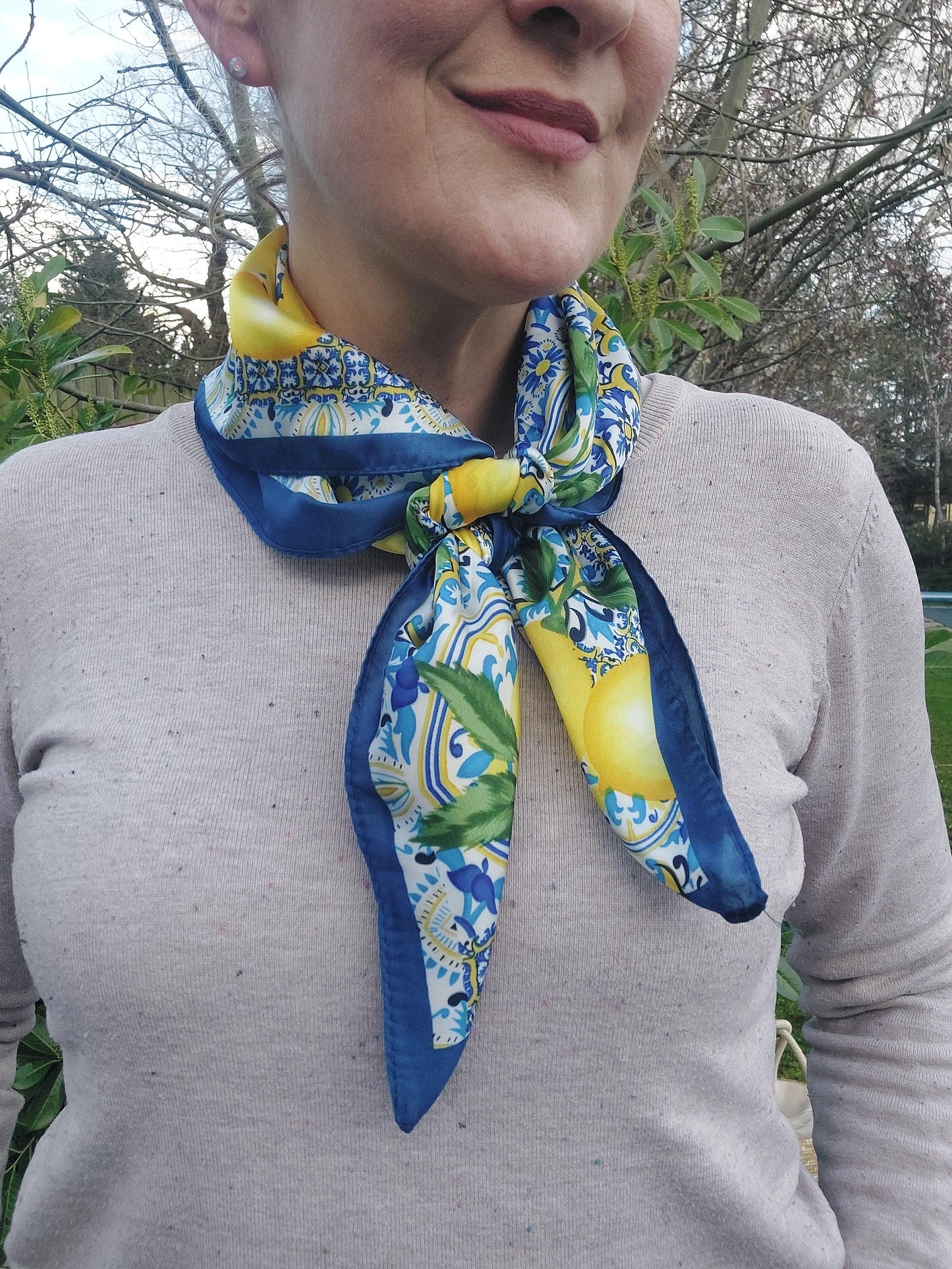 NEW ✨ Zesty Sicilian Lemon Tile Print Neck Scarf In Blue - Filli London