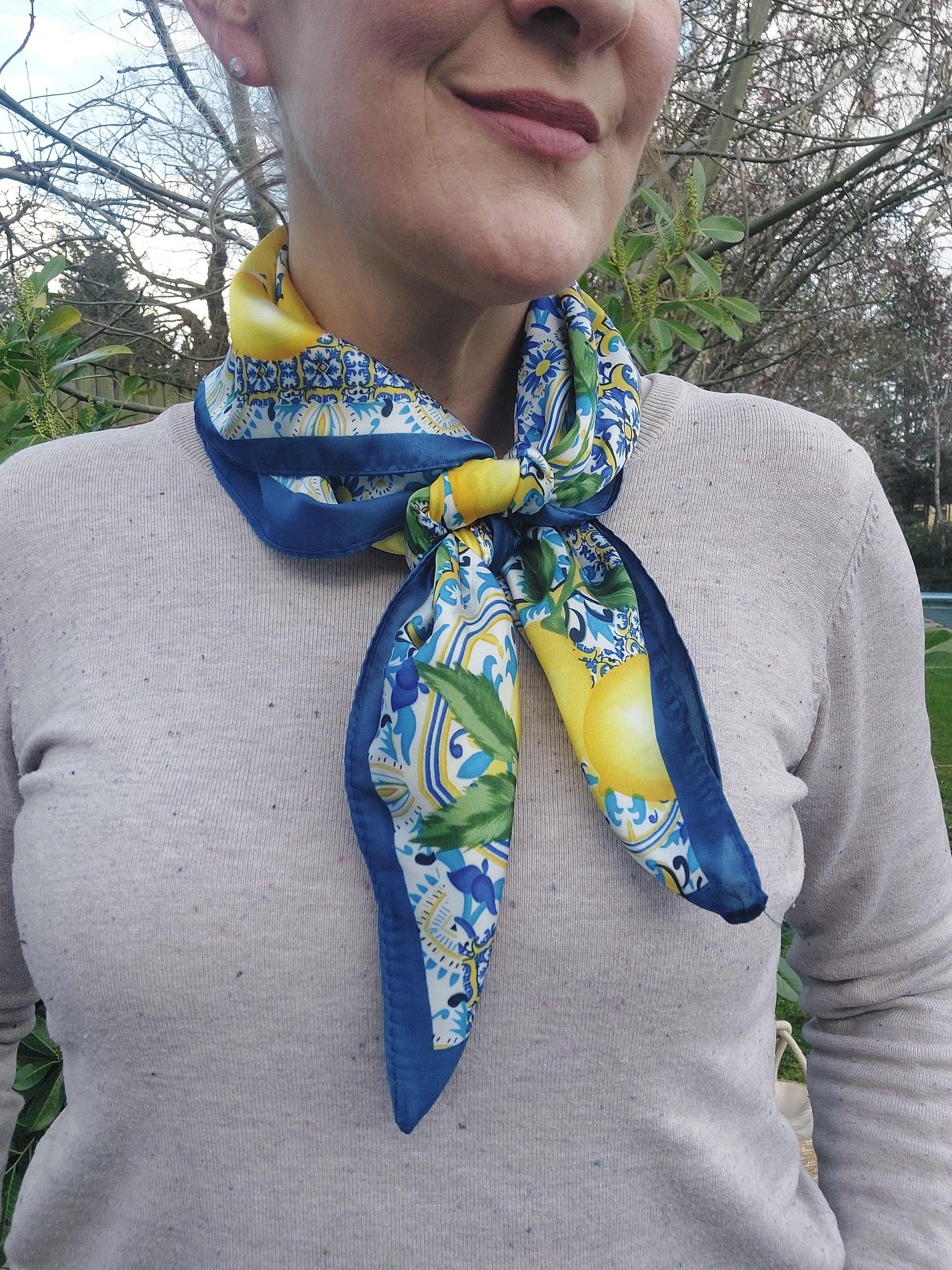 NEW ✨ Zesty Sicilian Lemon Tile Print Neck Scarf In Blue - Filli London