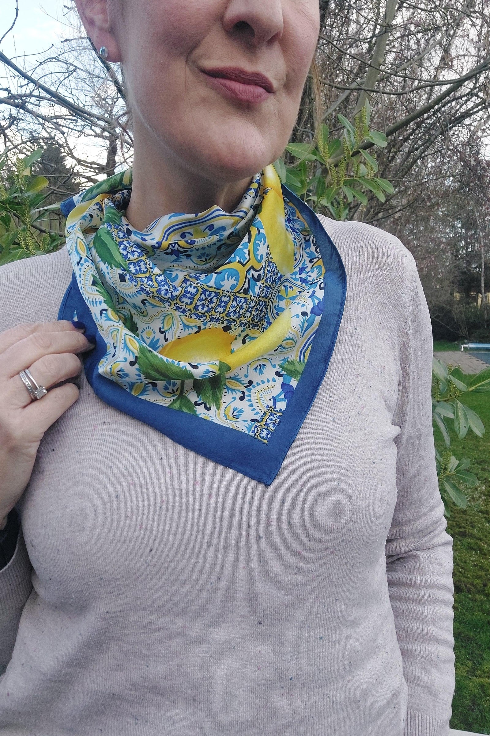 NEW ✨ Zesty Sicilian Lemon Tile Print Neck Scarf In Blue - Filli London