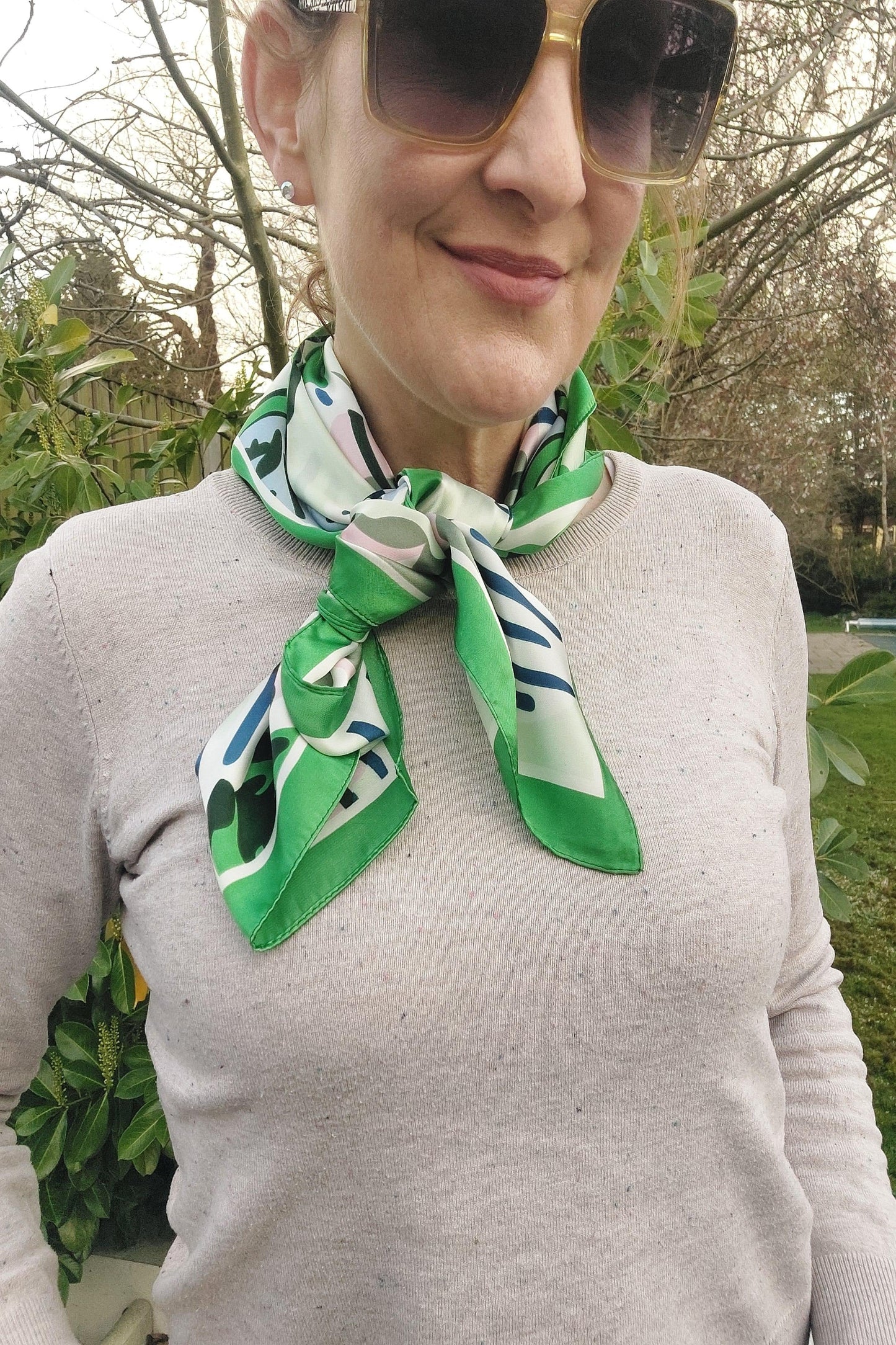 NEW ✨ Cherry Blossom Retro Print Square Neck Scarf In Green - Filli London