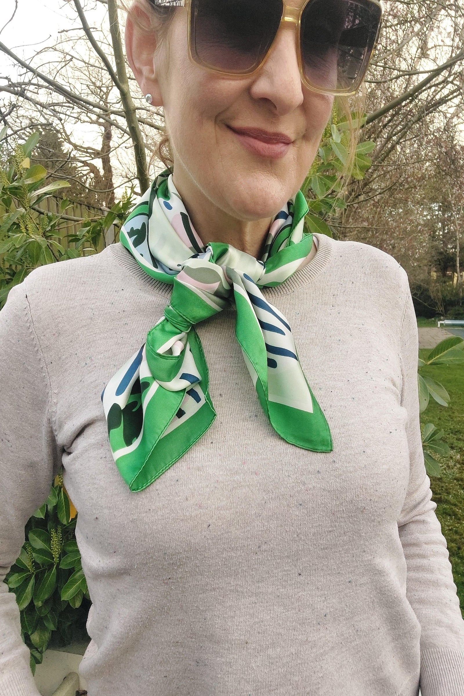 NEW ✨ Cherry Blossom Retro Print Square Neck Scarf In Green - Filli London
