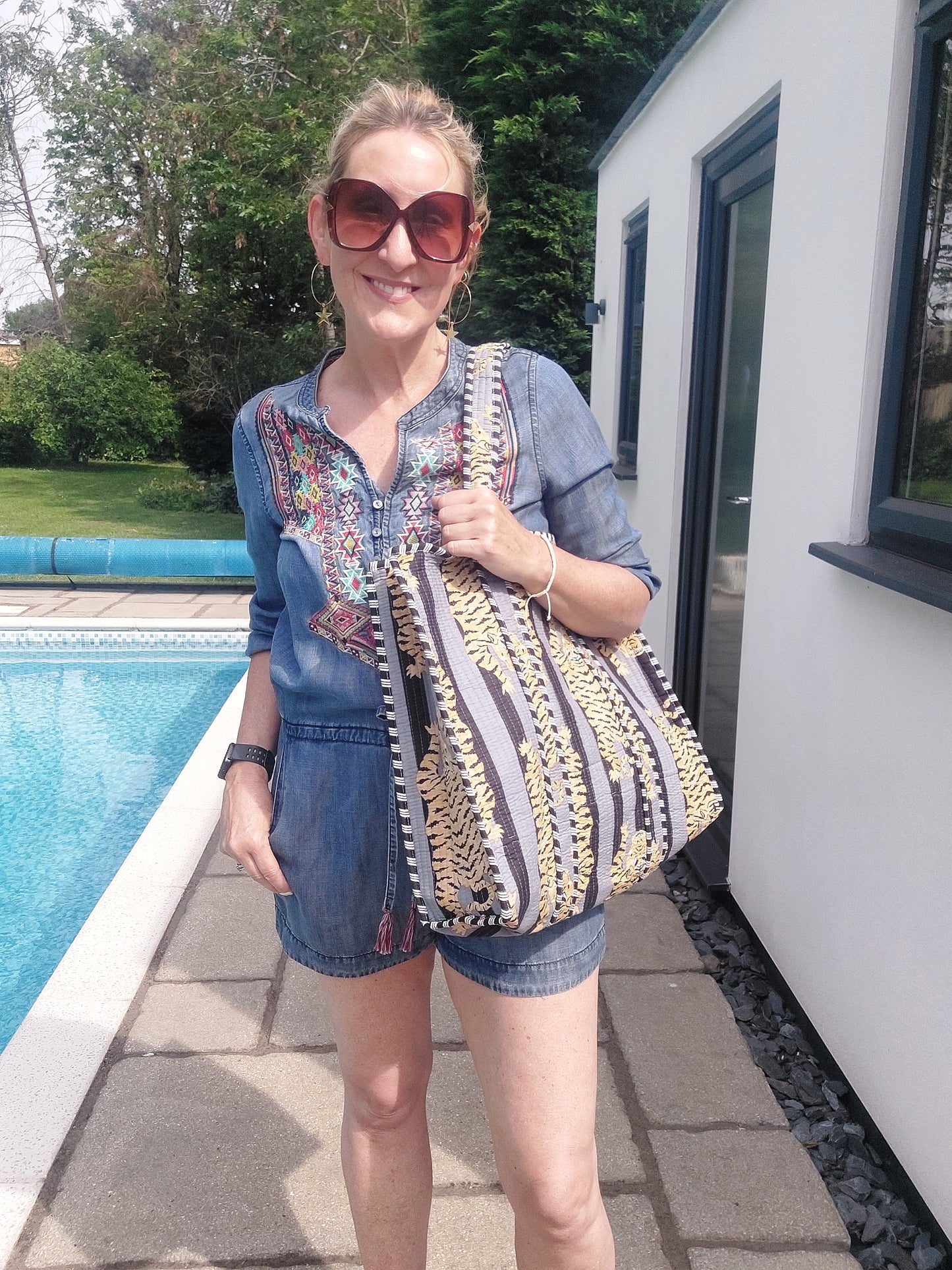 Luxe Edit 💎 Reversible Tiger Print Quilted Cotton Tote In Blue - Filli London