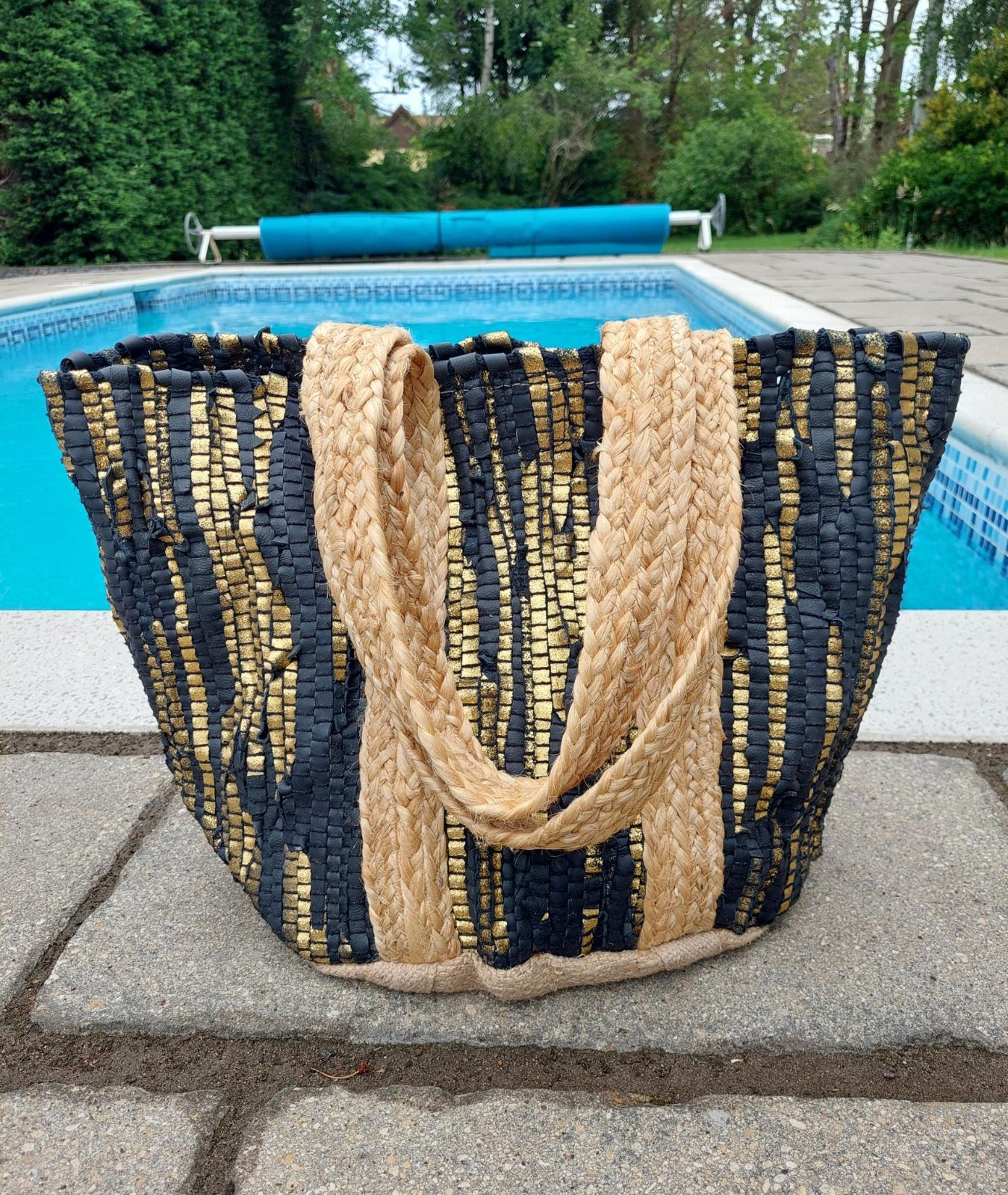 Luxe Edit 💎 Handwoven Leather & Straw Luxe Tote In Black/Gold - Filli London
