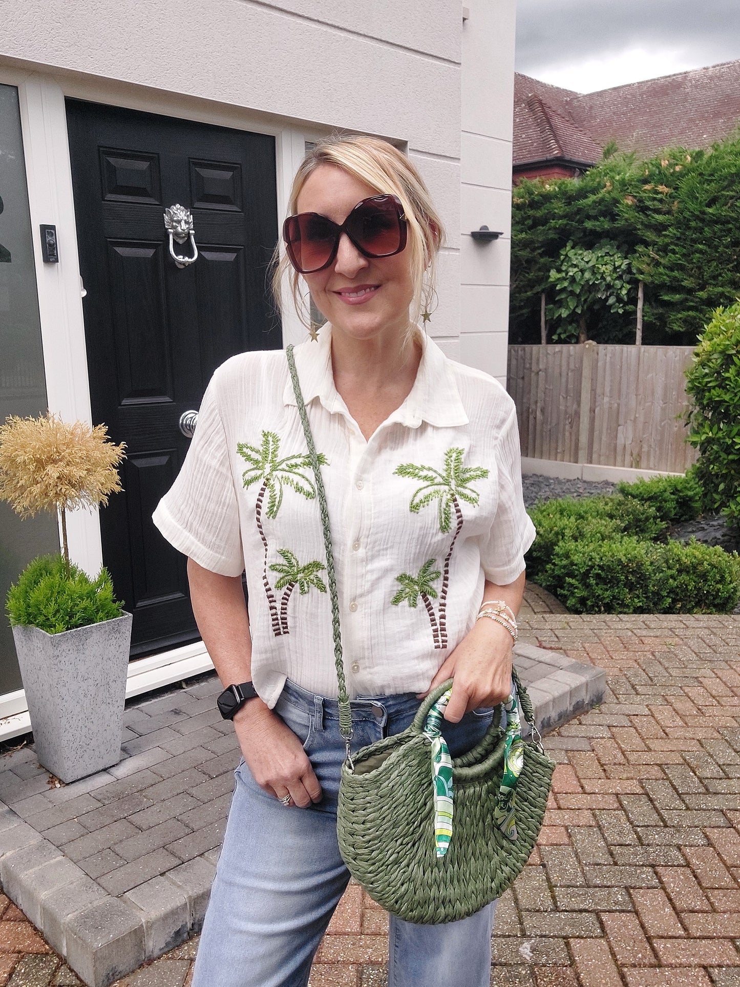 NEW ✨ Woven Scarf Handle Straw Grab Bag With Strap in Green - Filli London