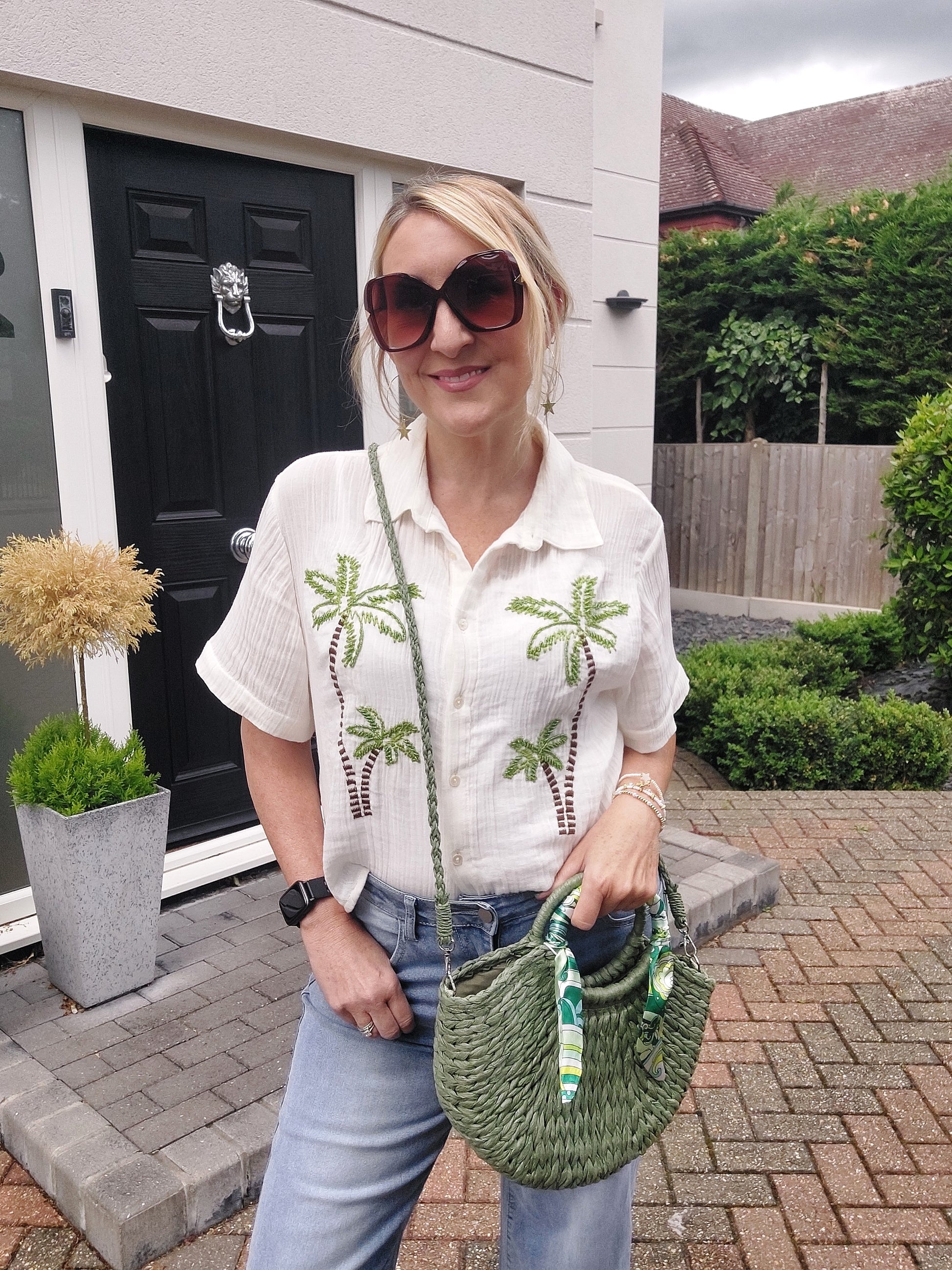 NEW ✨ Woven Scarf Handle Straw Grab Bag With Strap in Green - Filli London