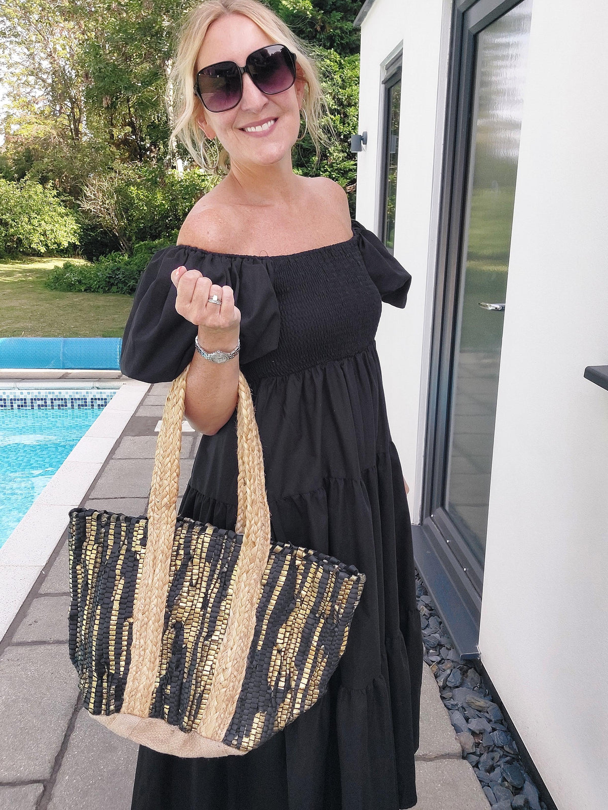 Luxe Edit 💎 Handwoven Leather & Straw Luxe Tote In Black/Gold - Filli London
