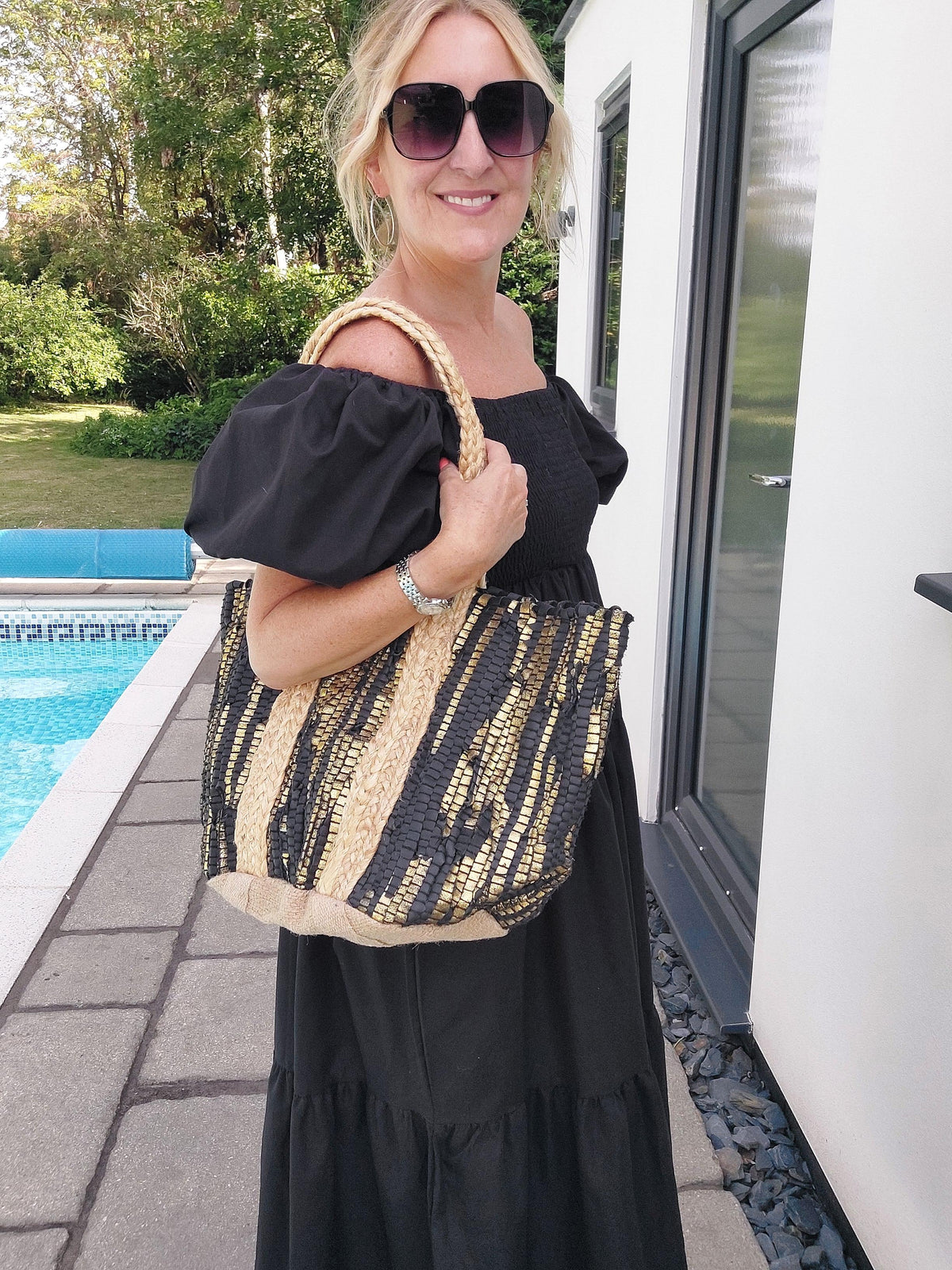 Luxe Edit 💎 Handwoven Leather & Straw Luxe Tote In Black/Gold - Filli London