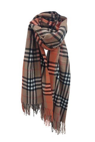 Large Checked Soft Touch Tassel Scarf In Brown/Orange