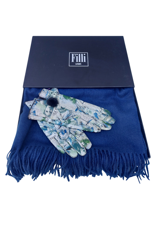 Luxury Leather Printed Gloves And Wool Scarf Gift Set In Blue