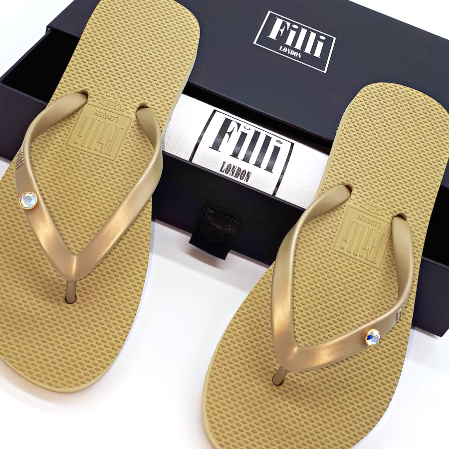 Aurora Luxury Crystal Flip Flops - Gold - Filli London