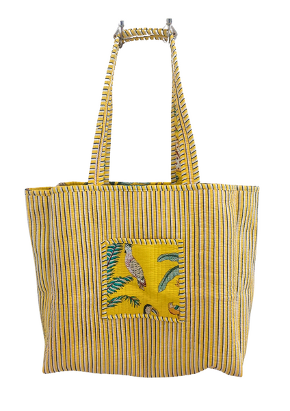 Reversible Quilted Cotton Jungle Print Tote/Beach Bag In Yellow