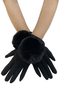 Fur Pom Pom Touch Screen Gloves In Black