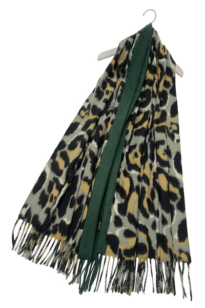 Plain and Leopard Print Soft Wool Tassel Scarf In Green