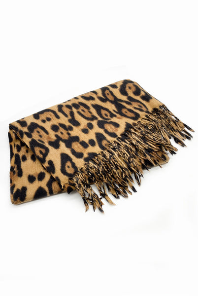 Luxury Warm Leopard Wool Mix Scarf with Tassels In Camel